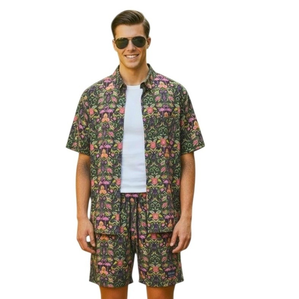 WESC Oden Tropical Flamingo Men's size Large Floral Resortwear Shirt & Short Set